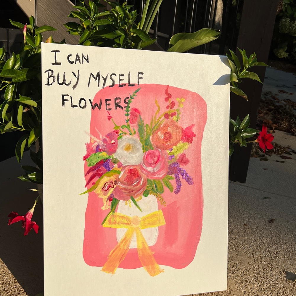 Hand painted Floral Canvas Art with Pink and Yellow Accents